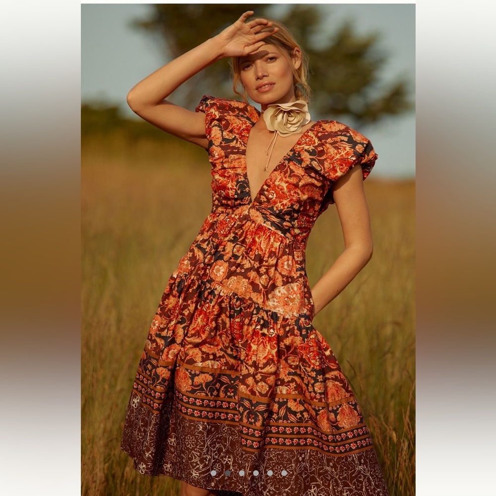 By Anthropologie Printed V-Neck Babydoll Dress